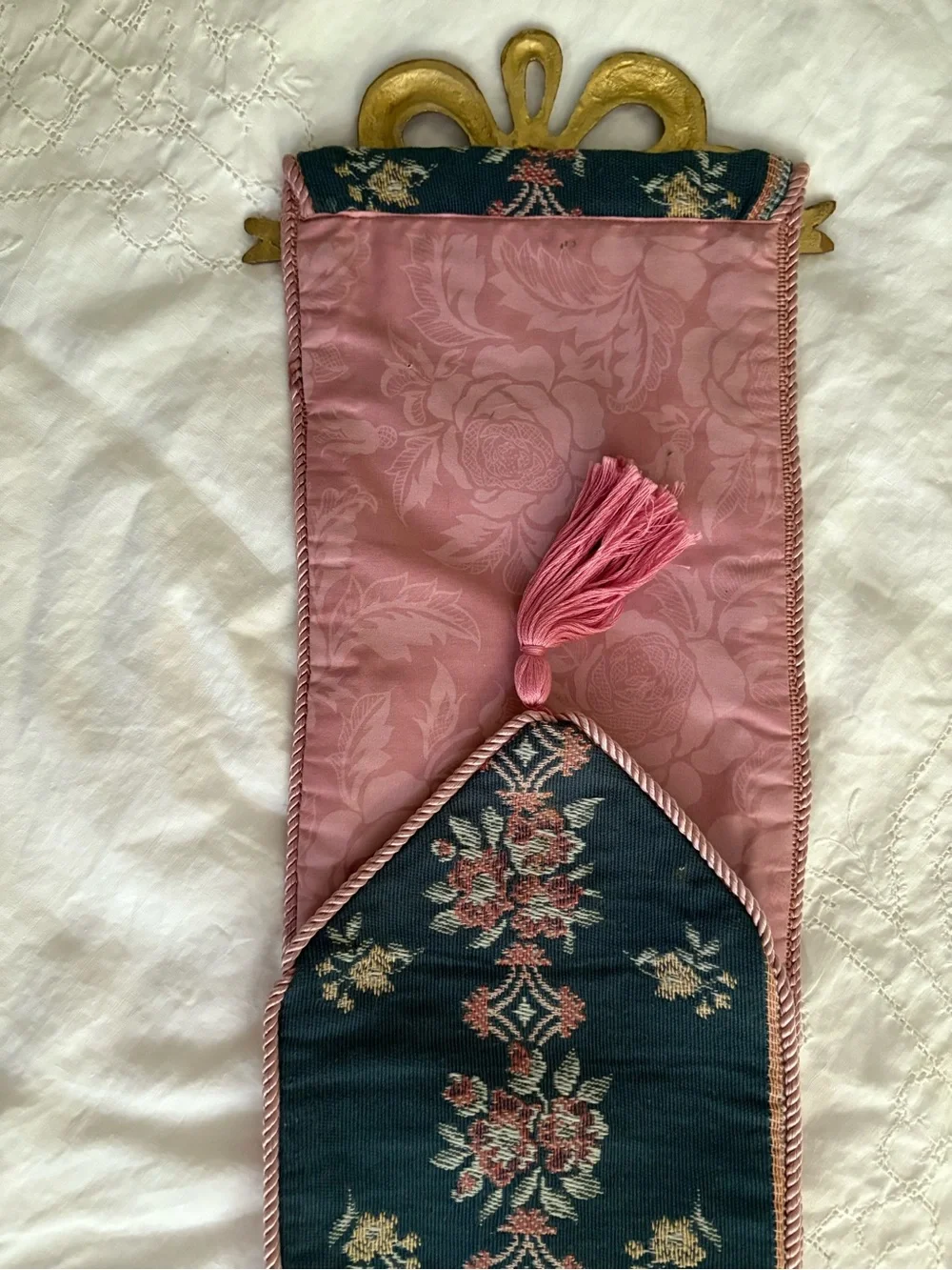 Vintage-Inspired Pink and Navy Floral Wall Hanging with Gold Accent